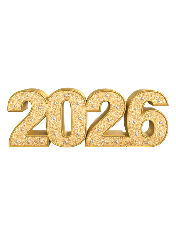 Front-facing view of a sparkling gold 2026 prop with a warm metallic finish—perfect for milestone minis, senior portraits, and luxe New Year photo sessions.