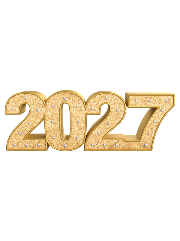 Front-facing image of the 2027 year prop in radiant gold glitter—perfect for seniors, milestone mini sessions, and festive end-of-year celebrations in studio settings.