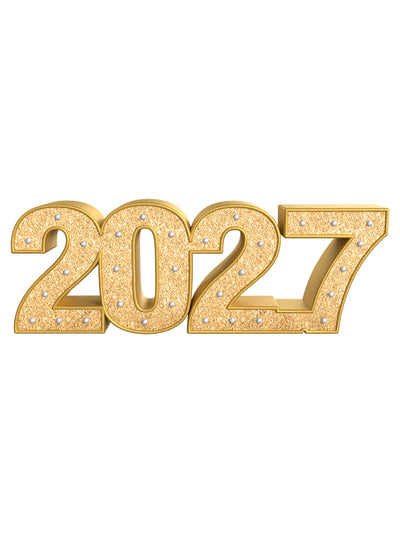 Front-facing image of the 2027 year prop in radiant gold glitter—perfect for seniors, milestone mini sessions, and festive end-of-year celebrations in studio settings.
