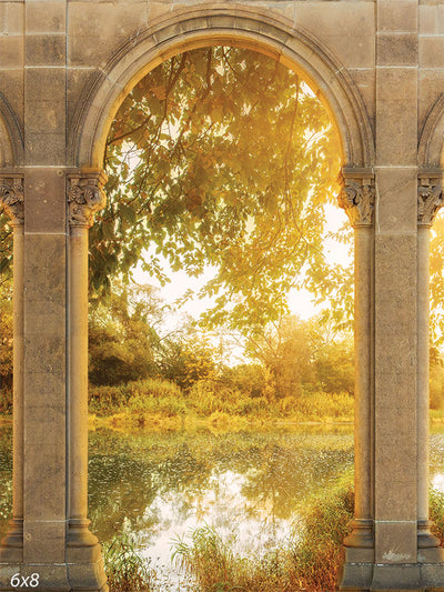 Golden Archway Photography Backdrop - Golden archway photography backdrop featuring a sunlit archway overlooking a tranquil pond with lush greenery.