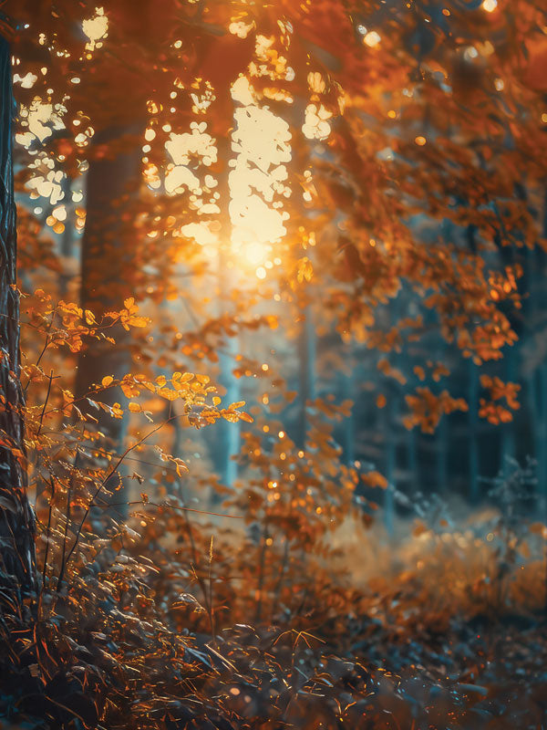 Golden Autumn Forest Photography Backdrop - Photography backdrop featuring a golden autumn forest with sunlight filtering through the trees.