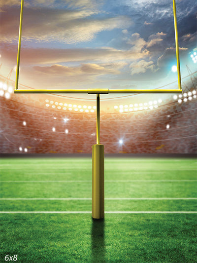 Golden Goalpost Football Field Photography Backdrop - Football field photography backdrop with a golden goalpost and stadium lights, perfect for sports-themed photoshoots.