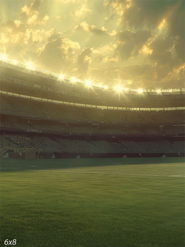 Soccer and football stadium backdrop featuring a sunlit field, glowing stadium lights, and dramatic golden hour sky for sports photography.