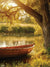 Golden Sunset Rowboat Photography Backdrop - Photography backdrop of a wooden rowboat on a sunlit lake, framed by a large tree, perfect for outdoor nature-themed photoshoots.