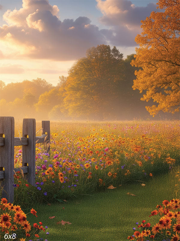A scenic autumn meadow backdrop with golden light, colorful wildflowers, and a rustic fence, perfect for fall mini portrait sessions.