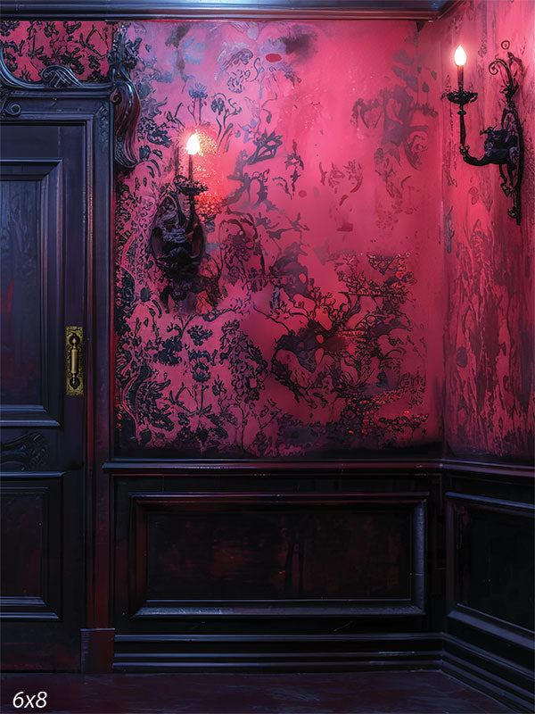 Gothic Red Room Photography Backdrop - Gothic red room photography backdrop featuring Victorian-style wallpaper, dark wood paneling, and candlelit sconces for dramatic photoshoots.