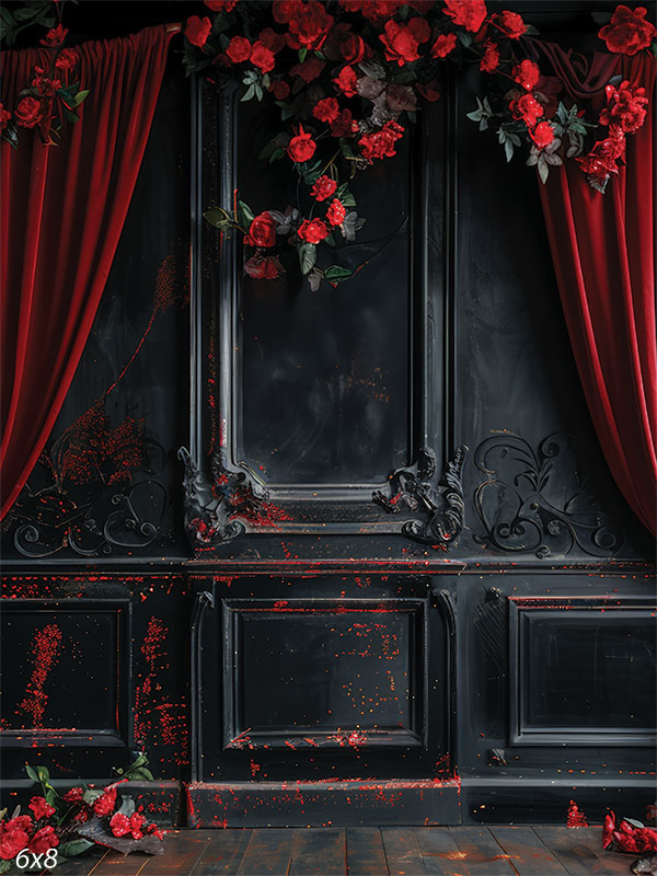 Gothic Romance Floral Photography Backdrop - Gothic romance backdrop with deep black paneling, vibrant red roses, and velvet curtains, ideal for dramatic photography.