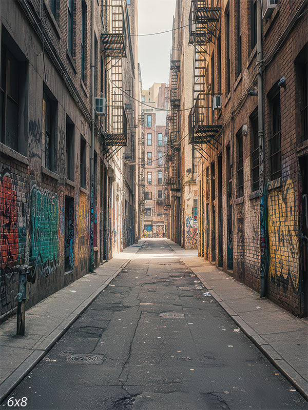 Printed photography backdrop showing a long urban brick alley with graffiti on both sides, metal fire escapes overhead, and a centered roadway leading into the distance. The corridor perspective creates strong depth behind a subject.