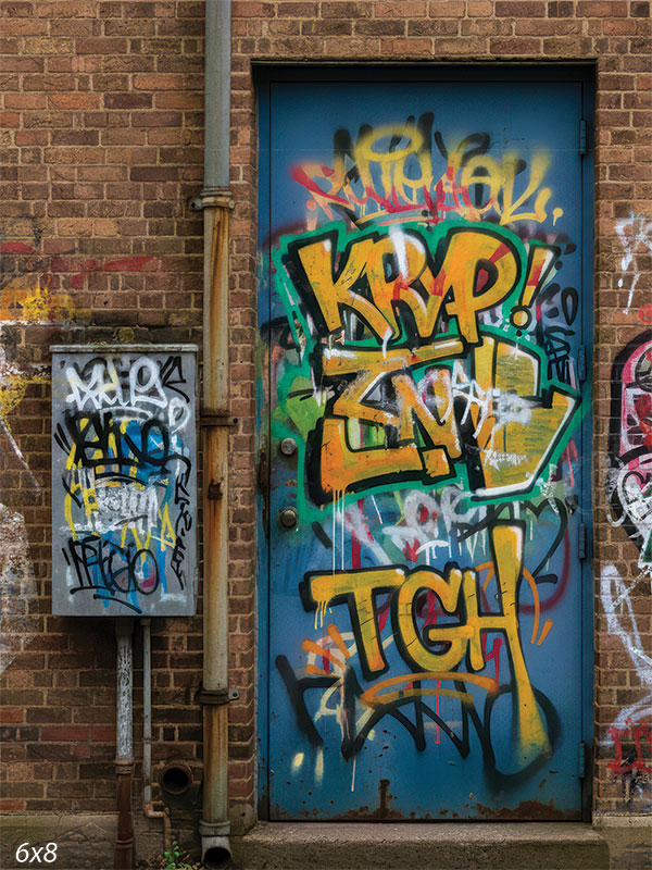 Printed photography backdrop showing a blue warehouse door covered in bold graffiti lettering within a brick wall, with pipes and an electrical box nearby. The scene creates an urban wall setting behind a subject.