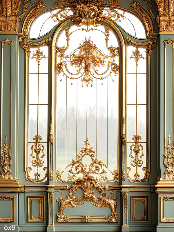 Grand Baroque Window Photography Backdrop - Photography backdrop featuring an ornate Baroque-style window with intricate gold detailing.