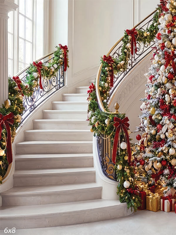Elegant white sweeping staircase Christmas tree red bows large windows backdrop CP-8907