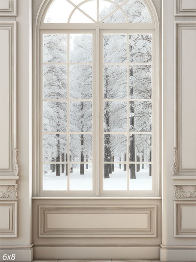 Grand Winter Window Photography Backdrop - Large arched window revealing a serene winter landscape with snow-covered trees.