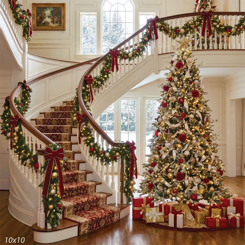 Holiday Manor dark wood staircase Christmas tree garland red carpet backdrop CP-8906
