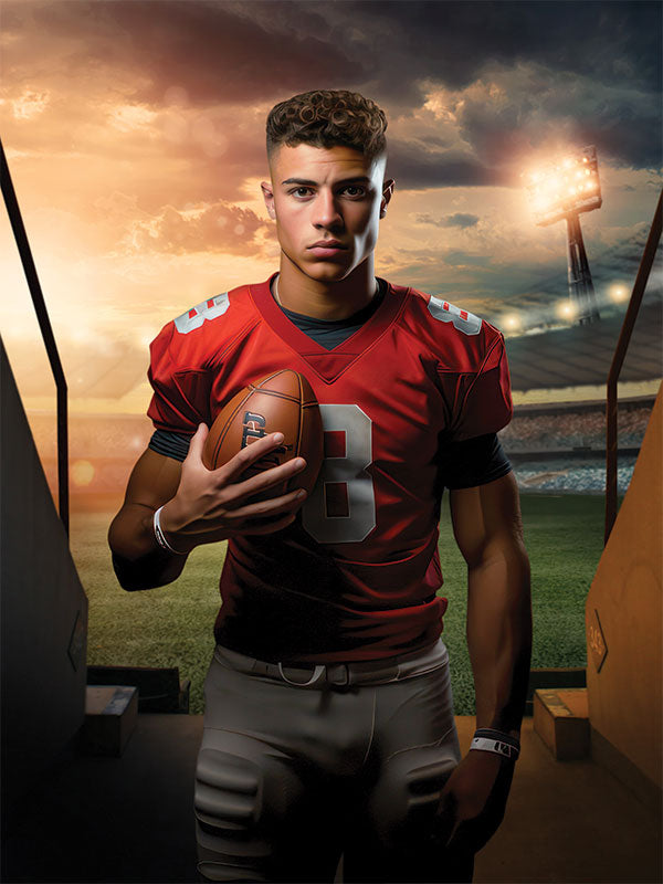 A sports stadium photography backdrop featuring a tunnel entrance view leading onto a sunlit field, ideal for game-day photoshoots.