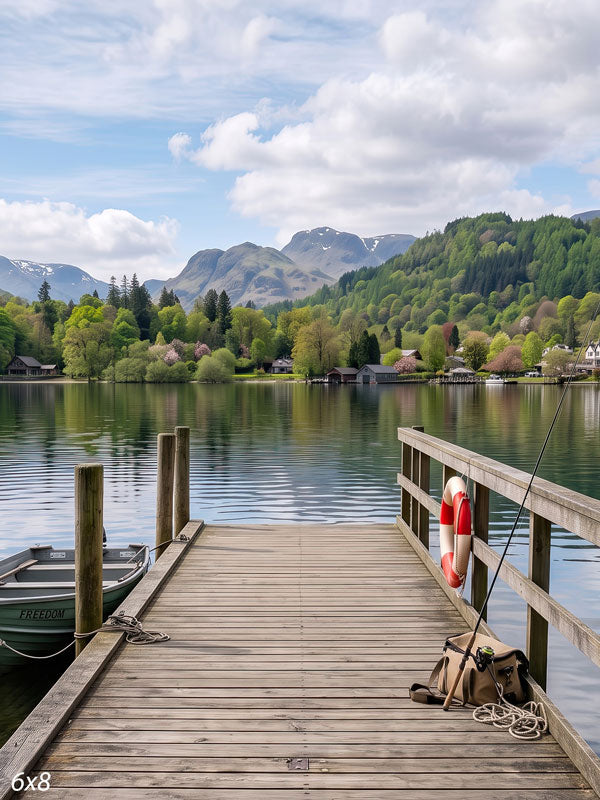 Weathered wooden dock leading into a calm mountain lake with a moored green rowboat, fishing rod and forested peaks beyond, a scenic photography backdrop.