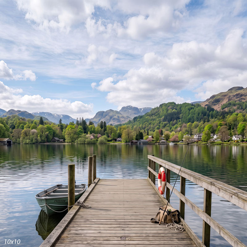 Wider view of the lake dock showing more of the cloud-filled sky, the far shoreline cottages and the surrounding wooded hills, a scenic photography backdrop.