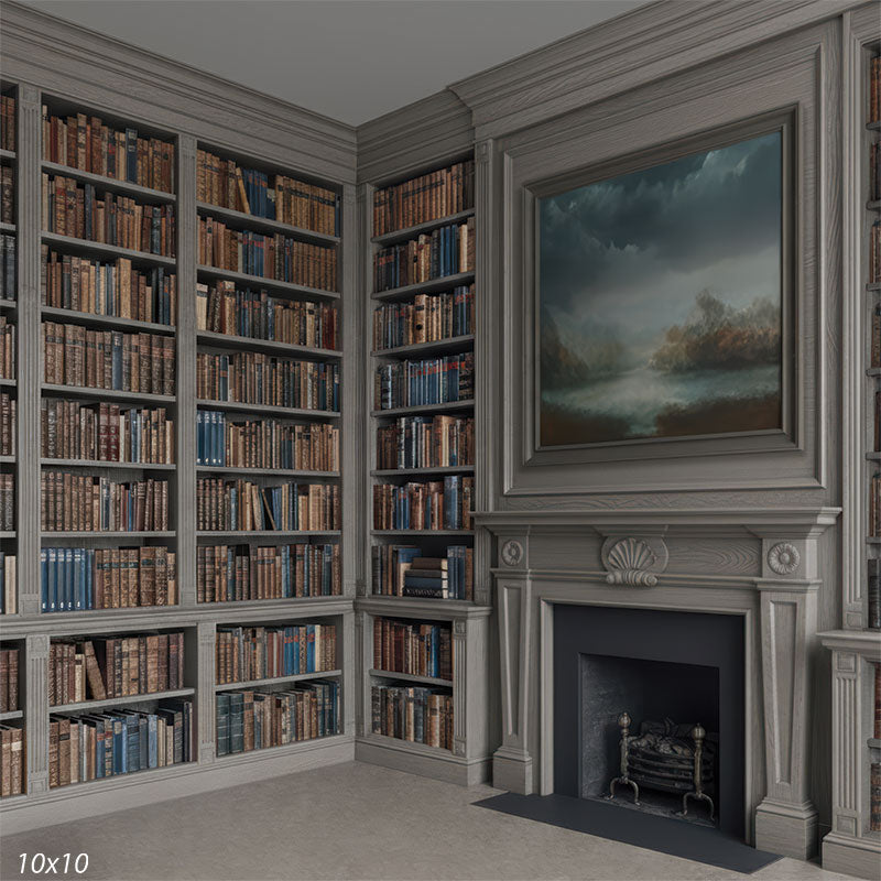 Printed studio background featuring tall gray built-in bookshelves, a mantel fireplace with dark opening, and a large framed landscape artwork above. The scene provides a classic library setting behind a subject.