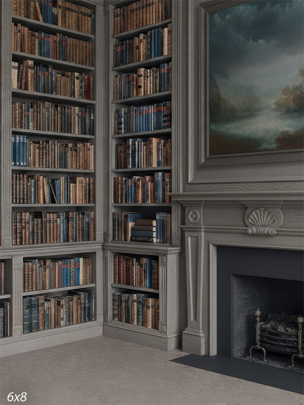 Printed photography backdrop showing a gray paneled library corner with built-in bookshelves filled with books and a fireplace beneath framed wall art. The cool neutral interior creates structured lines behind a subject.