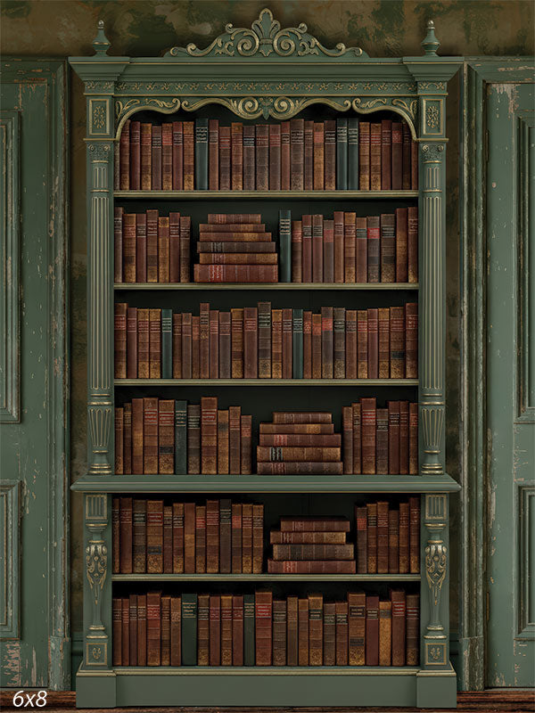 Photography backdrop showing a green paneled wall with an ornate bookcase and painted-style library details behind a portrait subject.