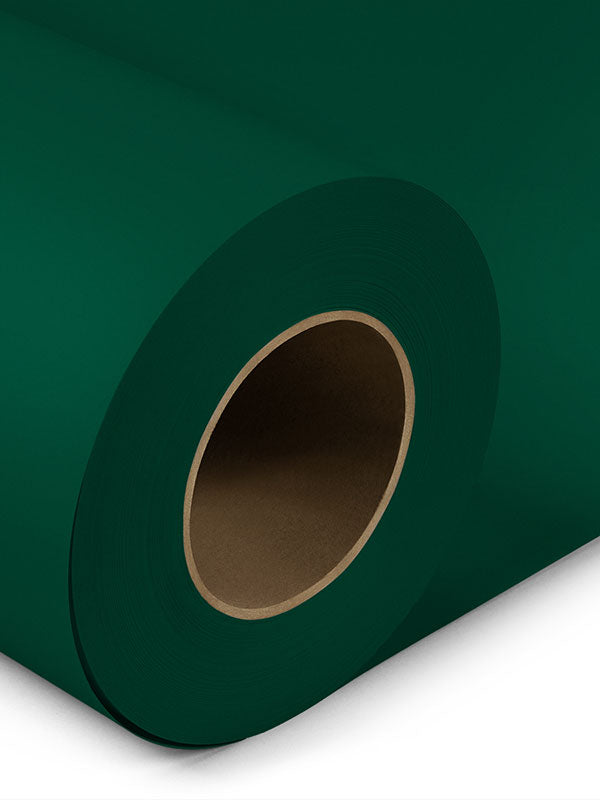 Close-up of a pine green seamless photography backdrop paper roll, ideal for portraits, fashion, and product photography.