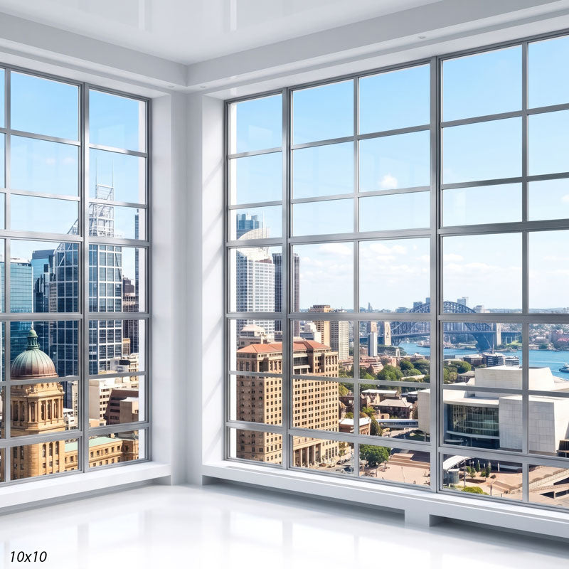 Wider view of the white window corner showing both glass walls, a domed building and the full arched harbor bridge, a city view photography backdrop.