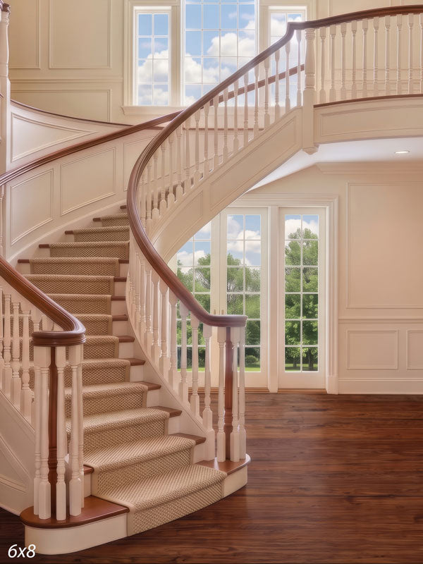 Cream curved staircase with white balusters in a bright two-story foyer with tall windows and an open hardwood floor, a traditional interior photography backdrop.