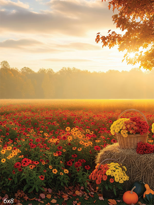 A scenic autumn field backdrop featuring golden sunlight, red and yellow flowers, and rustic harvest baskets, perfect for fall portrait sessions.