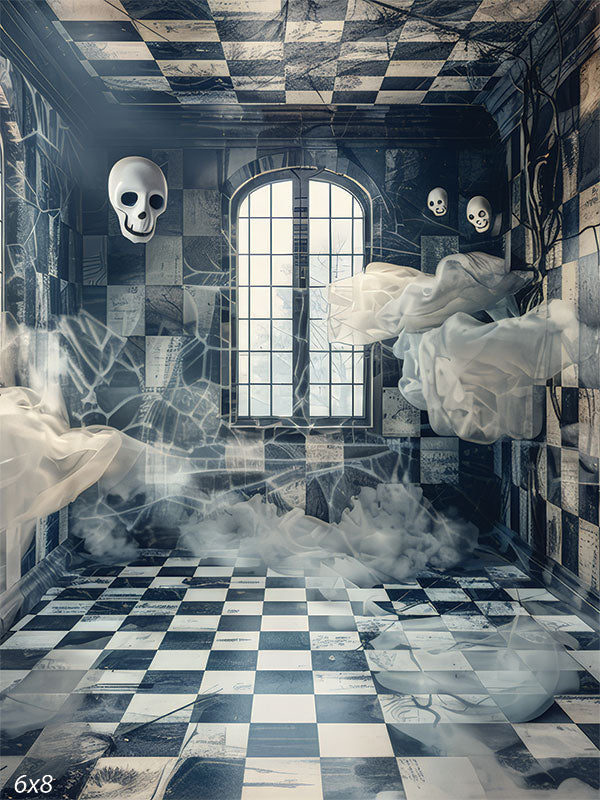 Haunted Gothic Hallway Photography Backdrop - Haunted gothic hallway backdrop with floating skulls, fog, and checkered tiles for eerie photography shoots.