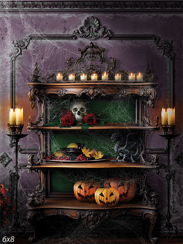 Haunted Halloween Shelf Photography Backdrop - Haunted Halloween shelf with candles, skulls, and jack-o'-lanterns, perfect for spooky-themed photoshoots.