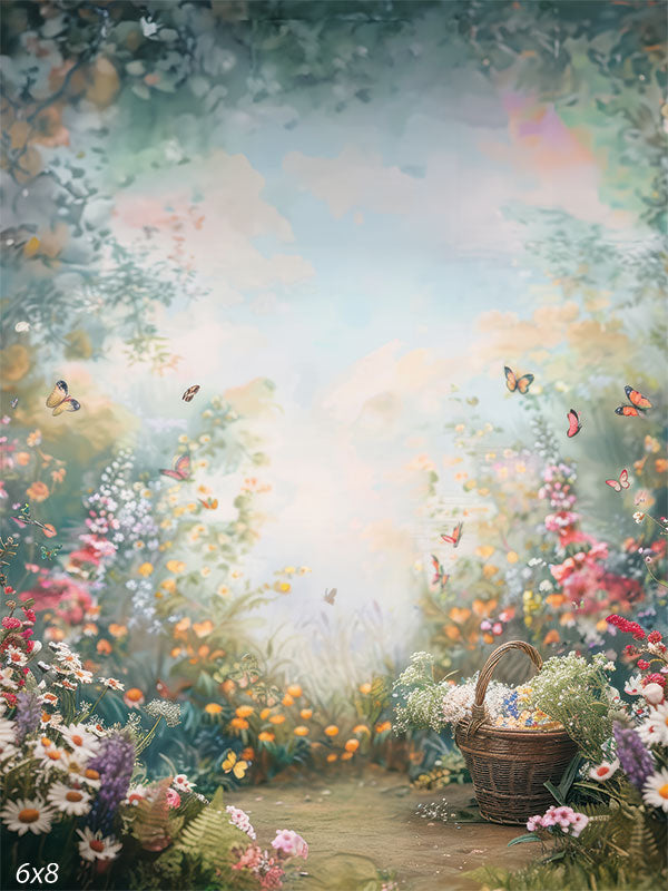 A serene meadow backdrop featuring soft pastel flowers, fluttering butterflies, and a wicker basket for seasonal photography.