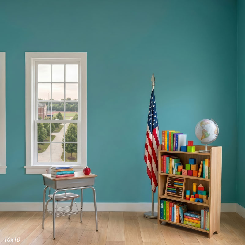 Head of the Class modern classroom desk window and flag wide scene backdrop CP-9029