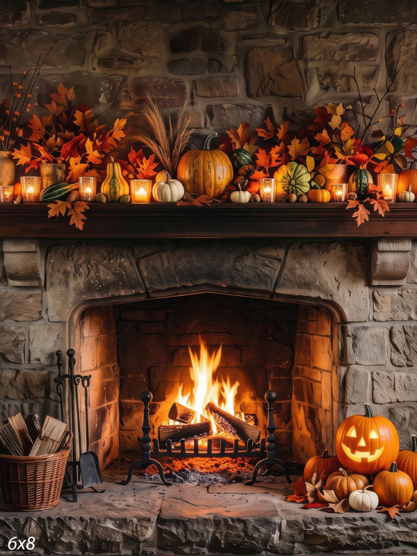 Rustic stone fireplace with a glowing fire and an autumn mantel of leaves, gourds, and candles, with a jack-o'-lantern on the hearth, a cozy fall photography backdrop.