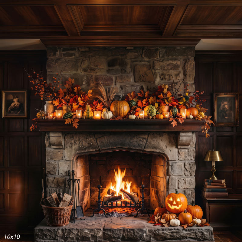 Wider view of the autumn stone fireplace, showing more of the styled mantel and hearth pumpkins, a cozy fall photography backdrop.