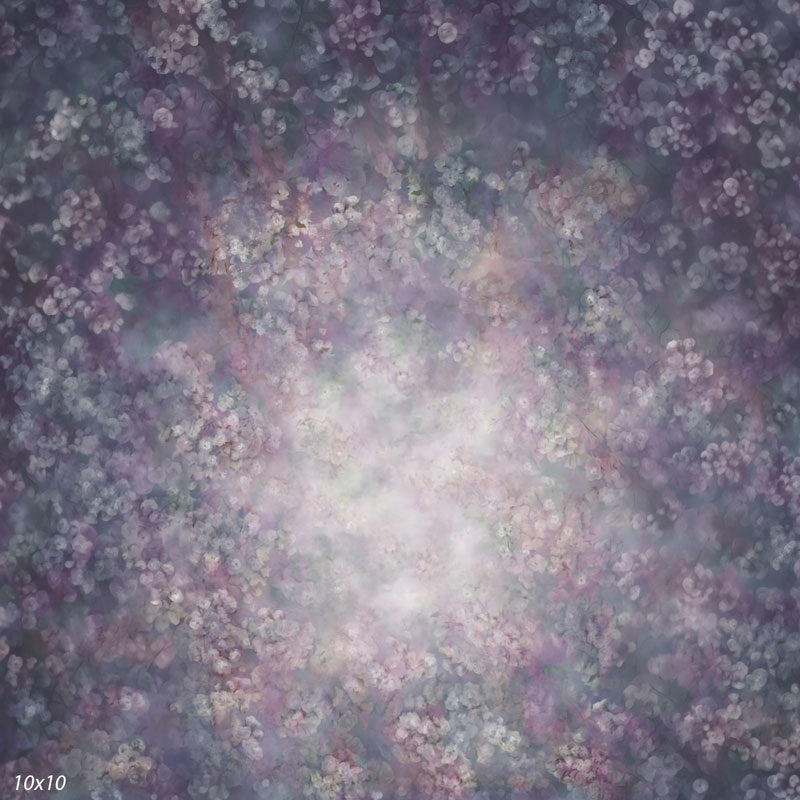 Wider view of the dreamy mauve floral backdrop showing more soft blossoms and the hazy central glow, a fine-art photography backdrop.