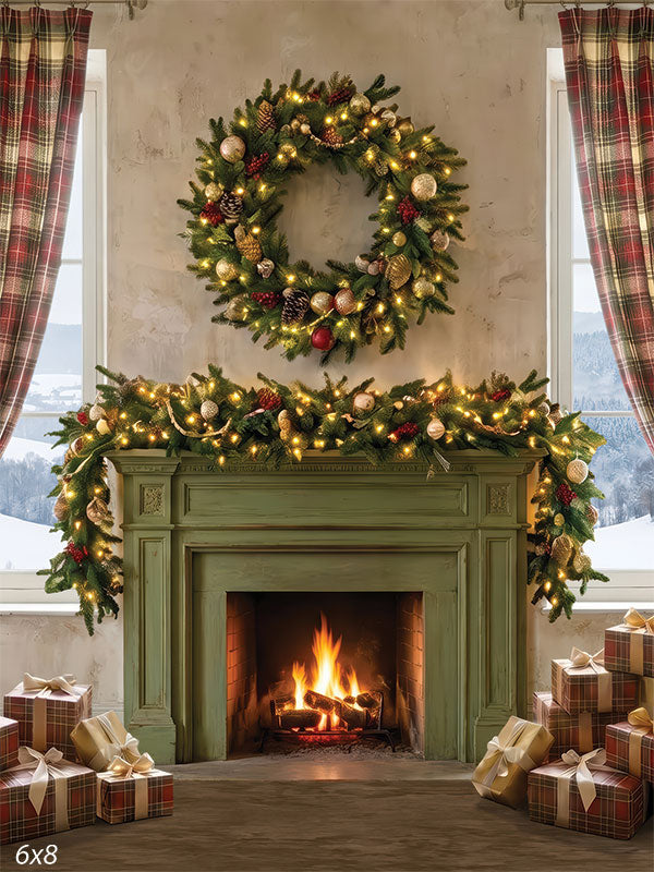 Highland Christmas plaid cottage Christmas fireplace photography backdrop CP-8939