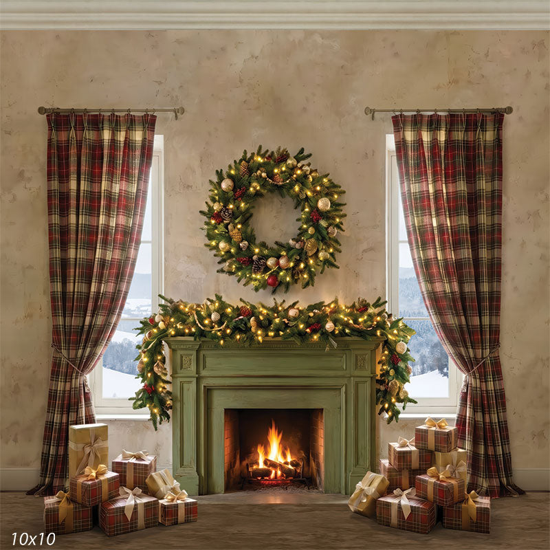 Highland Christmas plaid fireplace with garland and snowy cottage windows wide scene backdrop CP-8939