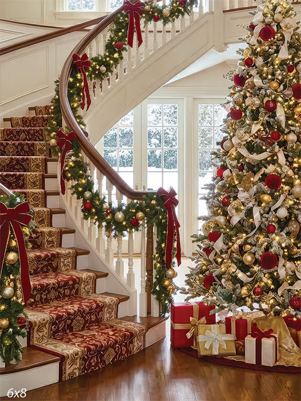 Grand dark staircase large Christmas tree red bows gifts backdrop CP-8906