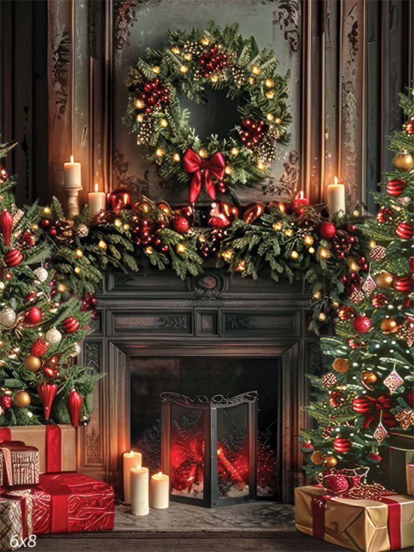Christmas photography backdrop with a decorated fireplace, festive garland, candles, and wreath—perfect for cozy holiday studio portraits.