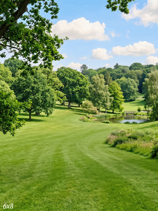Rolling green parkland descending to a small pond and footbridge with wooded hills beyond, a scenic photography backdrop.