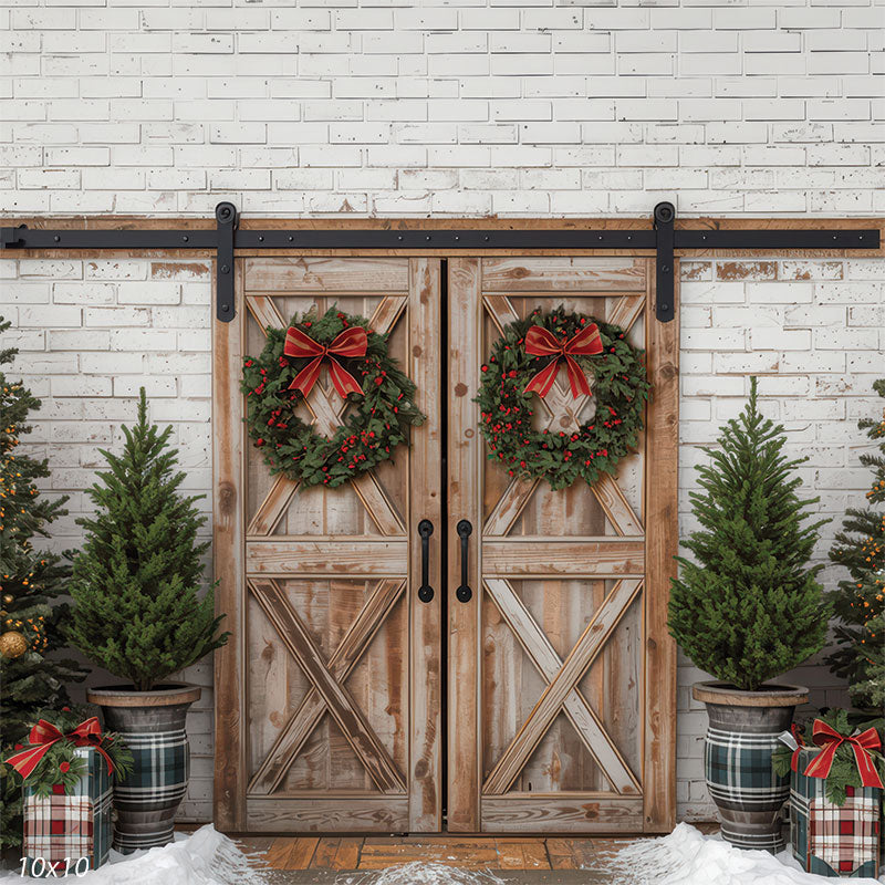 Holly Barn rustic sliding barn doors Christmas wreaths red bows evergreen trees holiday backdrop CP-8918