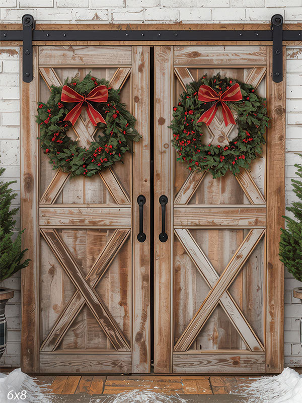 Holly Barn farmhouse barn doors Christmas wreaths red bows flanking evergreen trees holiday portrait backdrop CP-8918