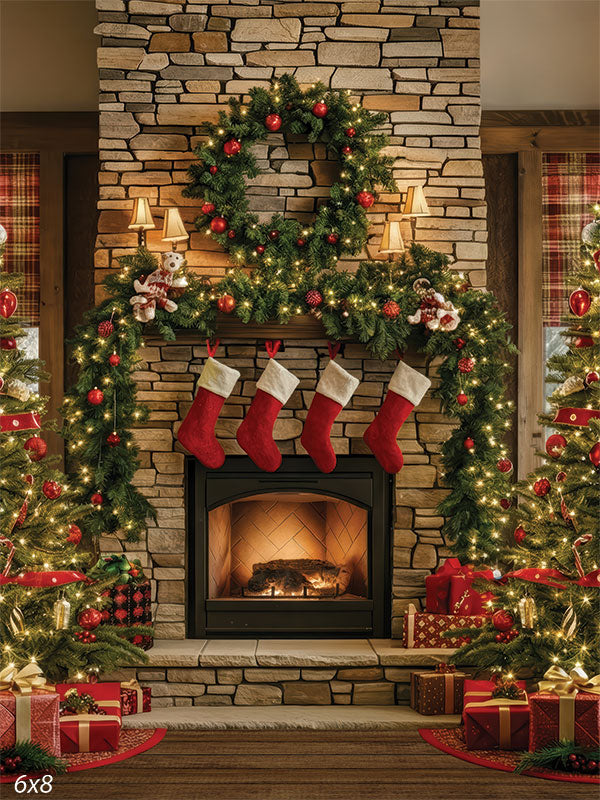 Holly Hearth brick fireplace Christmas stockings garland lit Christmas trees holiday backdrop CP-8916
