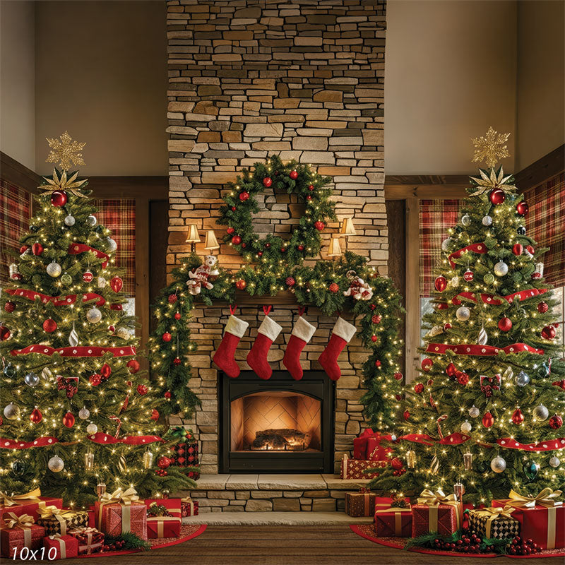 Holly Hearth classic Christmas brick fireplace stockings garland decorated trees holiday portrait backdrop CP-8916