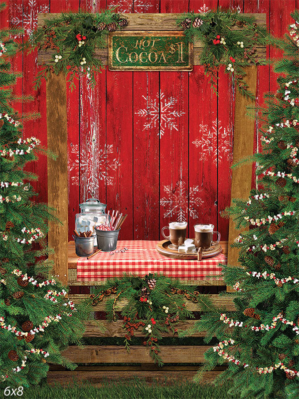 Hot Cocoa Stand Christmas Photography Backdrop - Festive hot cocoa stand with red wooden background and evergreen trees, perfect for Christmas photography.