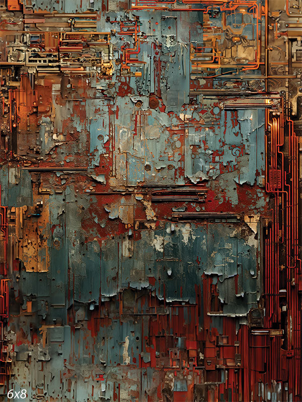 Industrial Decay Textured Photography Backdrop - A richly textured surface with peeling paint, rusted metal, and intricate piping, used as a photography backdrop for industrial and grunge-themed shoots.