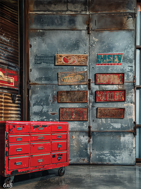 Industrial Garage Red Toolbox Photography Backdrop - A weathered metal garage door adorned with vintage signs and a bright red toolbox in front, perfect for industrial-themed photoshoots.