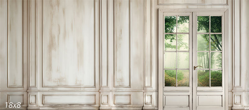 Ivory Antique Panels and Doors Photography Backdrop - Ivory antique panels and doors backdrop with detailed wood paneling and a garden view through the window, ideal for photography.