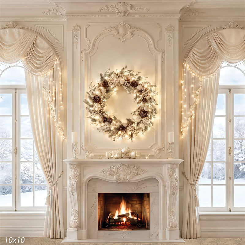 Ivory Hearth ornate white fireplace with wreath and fairy lights wide scene backdrop CP-8937