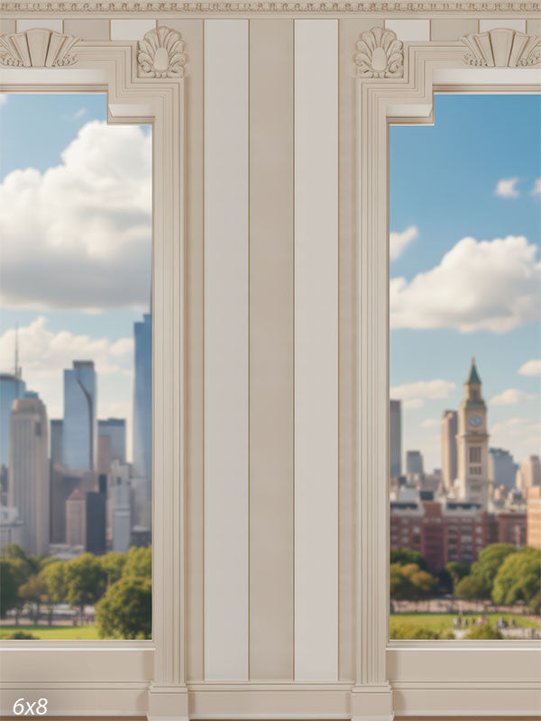 Tall ivory wall with ornate moulding and a single central column between two narrow windows, showing a green park and modern city skyline under a bright blue sky.
