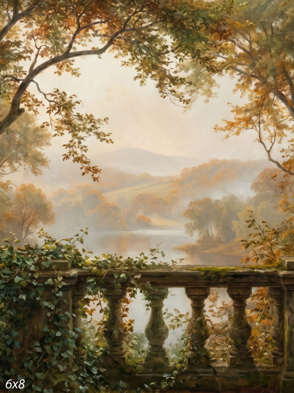 Ivy Terrace stone balustrade over misty autumn valley photography backdrop CP-8949